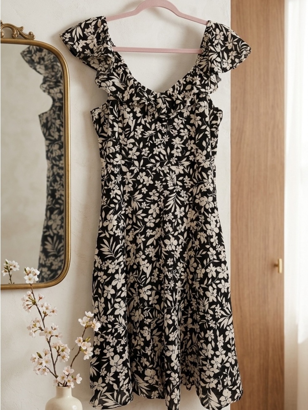 Old Navy Black and Cream Floral Ruffle Midi Dress